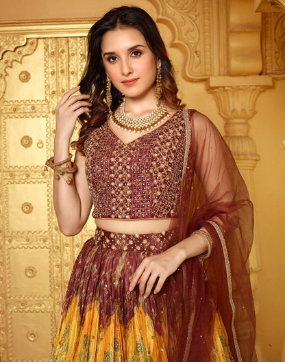 Beautiful Brown Coloured Floral Crepe Beads work Crop Top and Lehenga Set