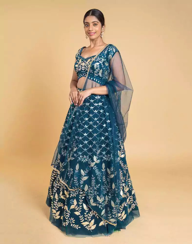 Designer Peacock Blue Floral Netted gotta patti Crop Top and lehenga set