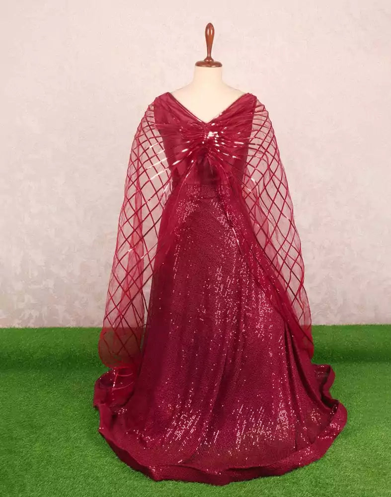 Designer Maroon Embellished work Silk Crop Top Set