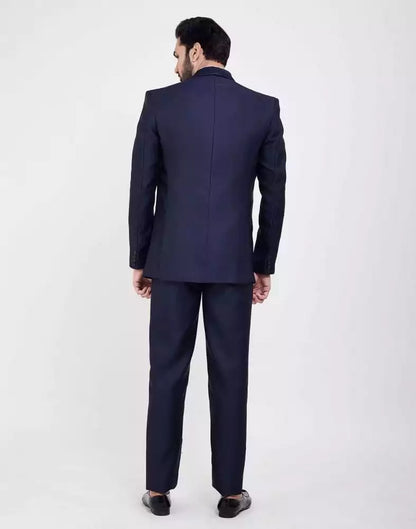 Navy Blue Self Textured 5 Pc Tuxido Designer Suit