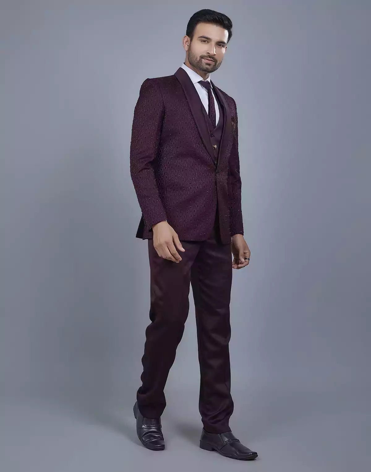 Attractive Wine 5 Pc Imported Fabric Designer Suit
