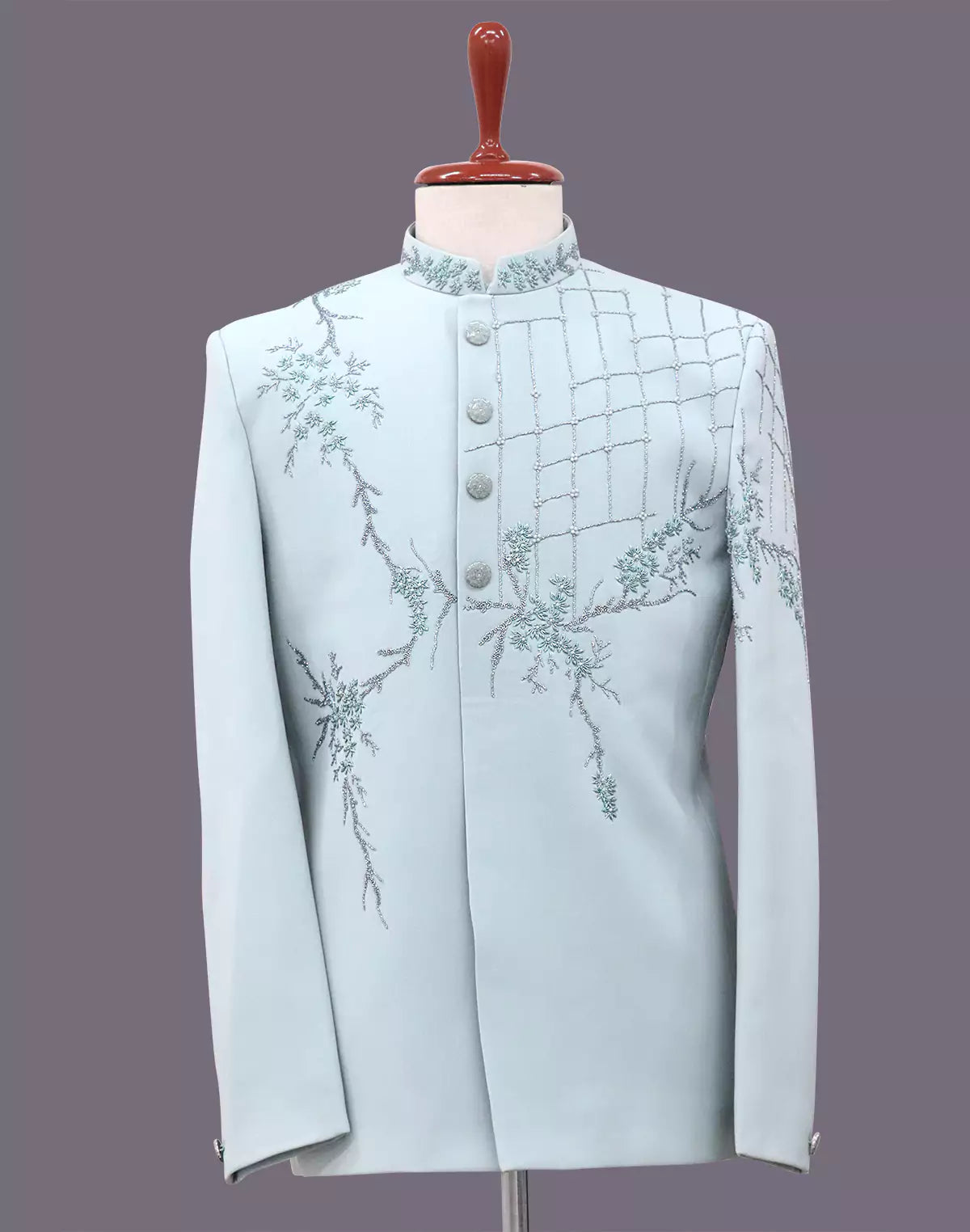 Floral Design Cutdana with Pearls work Polynosic Sea Green Bandhgala