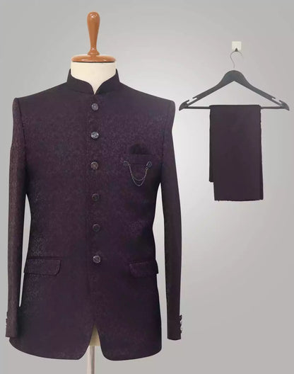 Purple Self Design Brocade Bandhgala Set
