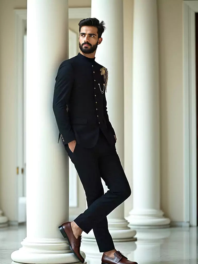 Trendy Lion RRR Style Black Polynosic Cutdana Bandhgala Suit