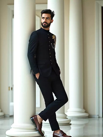 Trendy Lion RRR Style Black Polynosic Cutdana Bandhgala Suit