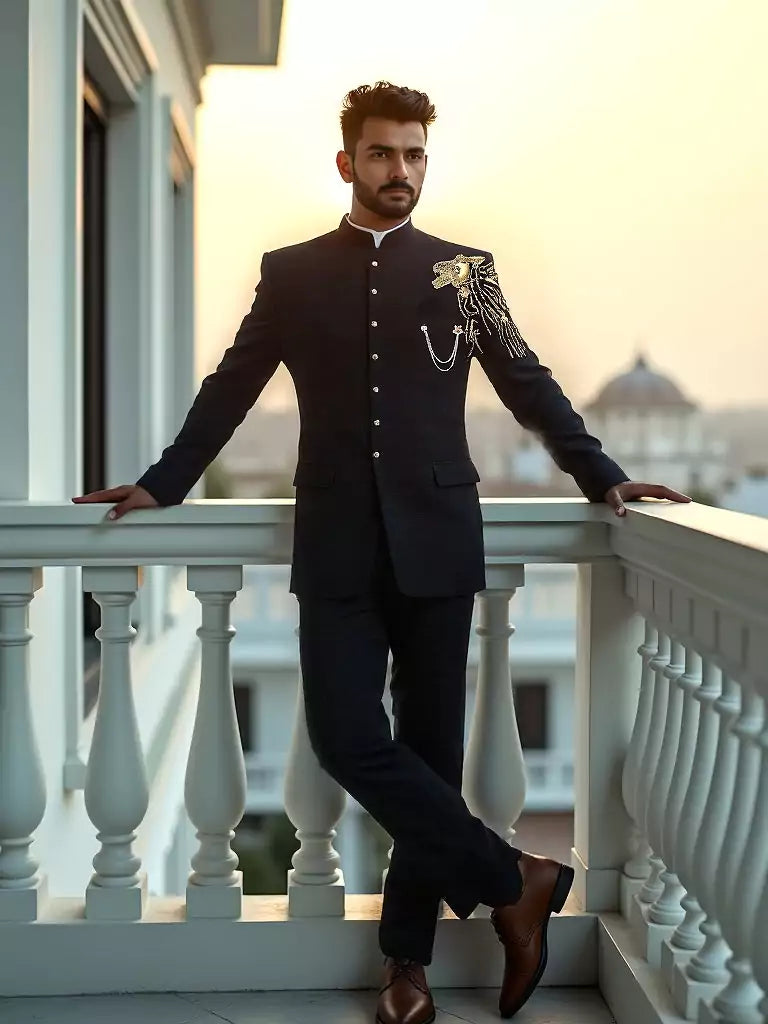 Trendy Lion RRR Style Black Polynosic Cutdana Bandhgala Suit