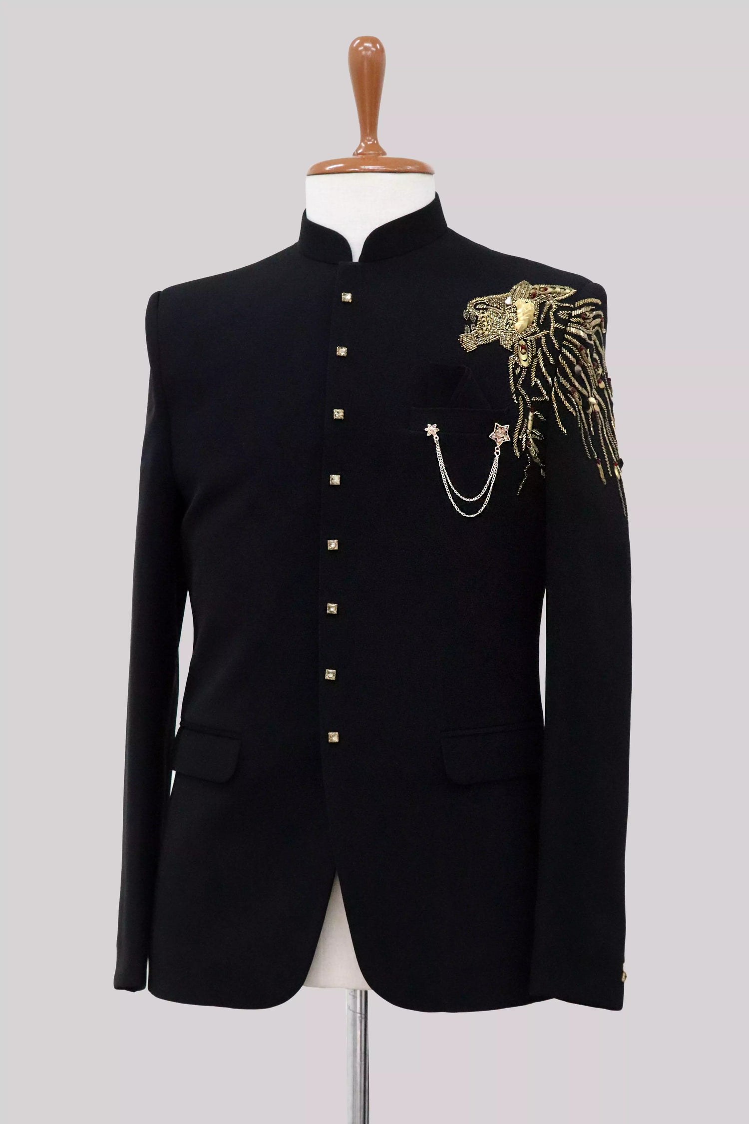 Trendy Lion RRR Style Black Polynosic Cutdana Bandhgala Suit