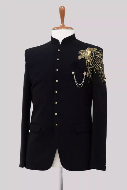 Trendy Lion RRR Style Black Polynosic Cutdana Bandhgala Suit