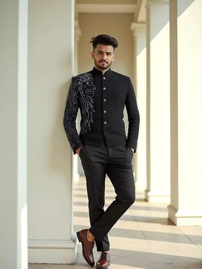 Massive Black Polynosic Pearls work Bandhgala Suit