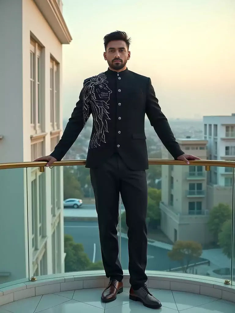 Massive Black Polynosic Pearls work Bandhgala Suit
