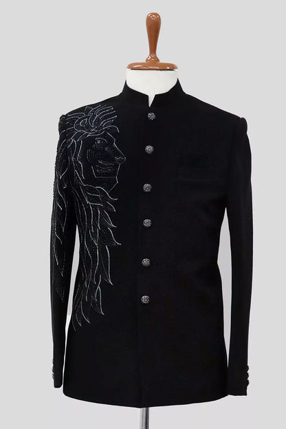 Massive Black Polynosic Pearls work Bandhgala Suit