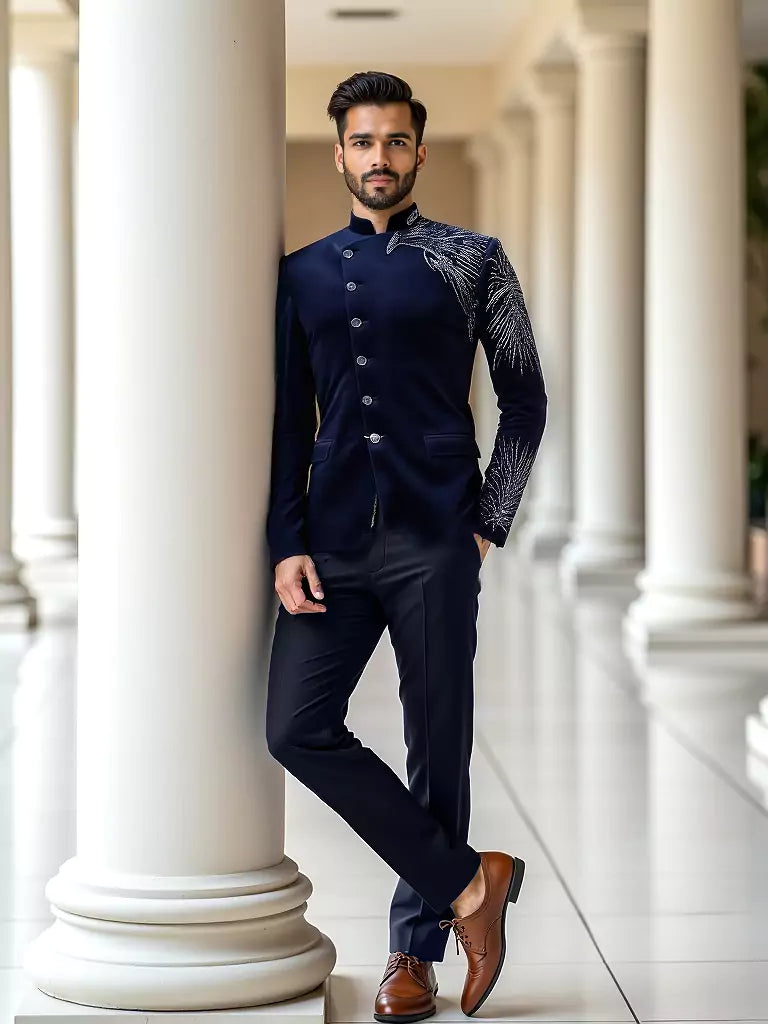 Cutdana work Velvet Eagle Style Navy Blue Bandhgala Suit