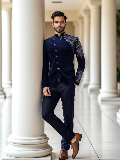 Cutdana work Velvet Eagle Style Navy Blue Bandhgala Suit