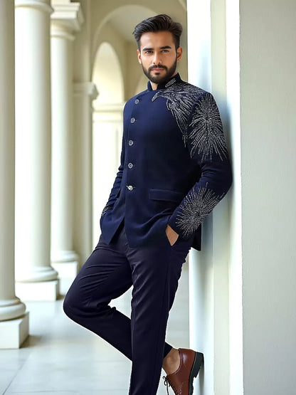 Cutdana work Velvet Eagle Style Navy Blue Bandhgala Suit