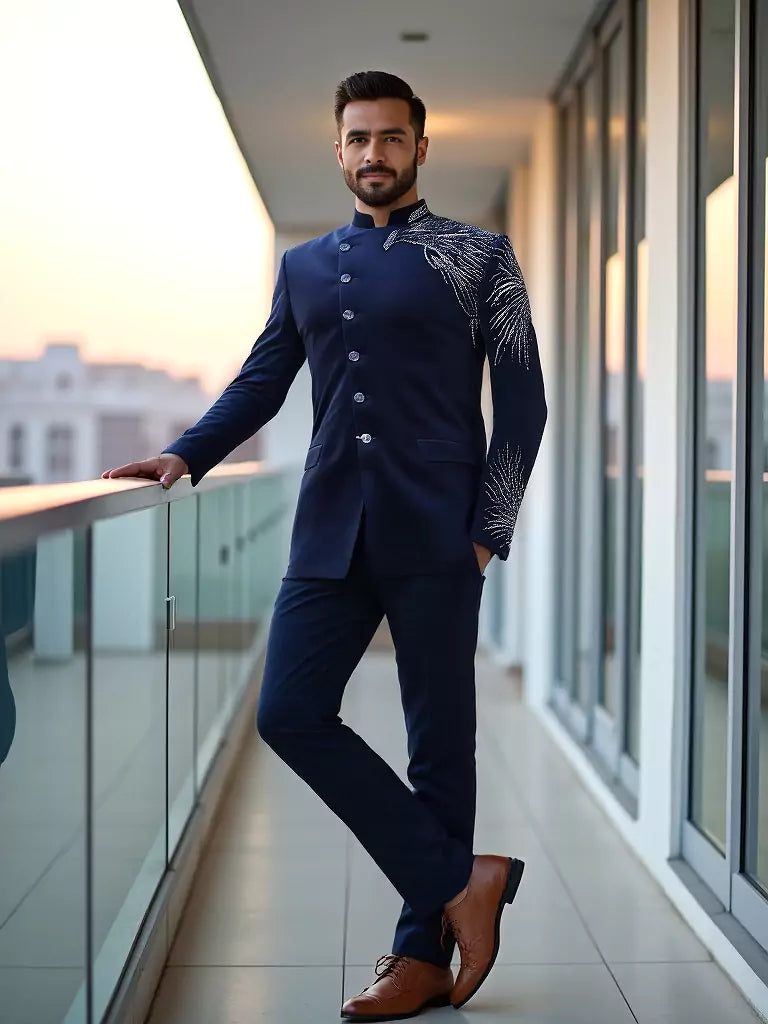 Cutdana work Velvet Eagle Style Navy Blue Bandhgala Suit