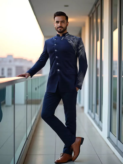 Cutdana work Velvet Eagle Style Navy Blue Bandhgala Suit