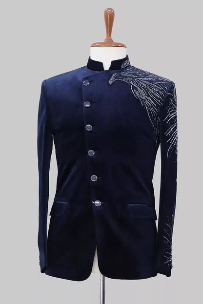 Cutdana work Velvet Eagle Style Navy Blue Bandhgala Suit