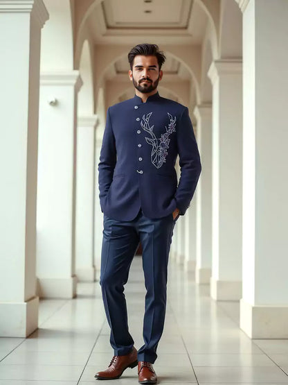 Polynosic Solid Navy Blue Cutdana work Bandhgala Suit