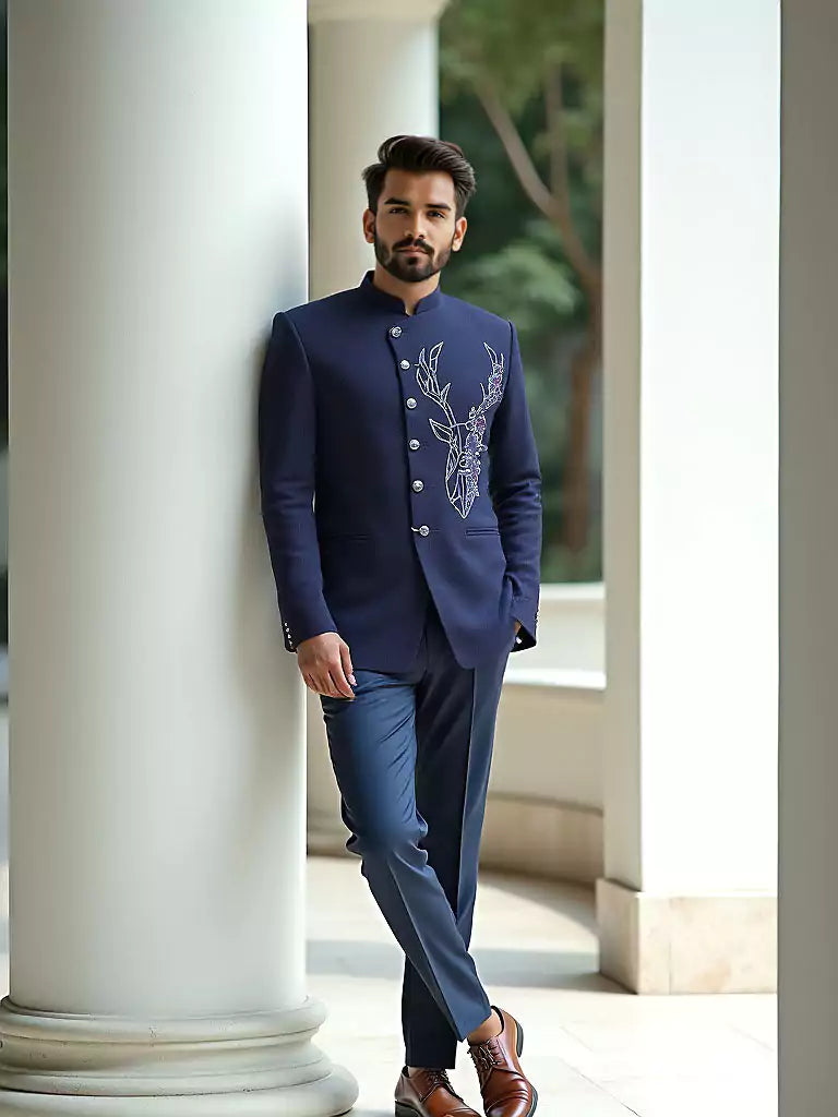 Polynosic Solid Navy Blue Cutdana work Bandhgala Suit