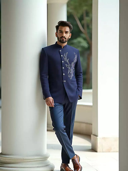 Polynosic Solid Navy Blue Cutdana work Bandhgala Suit
