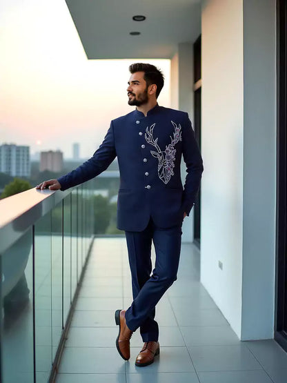 Polynosic Solid Navy Blue Cutdana work Bandhgala Suit