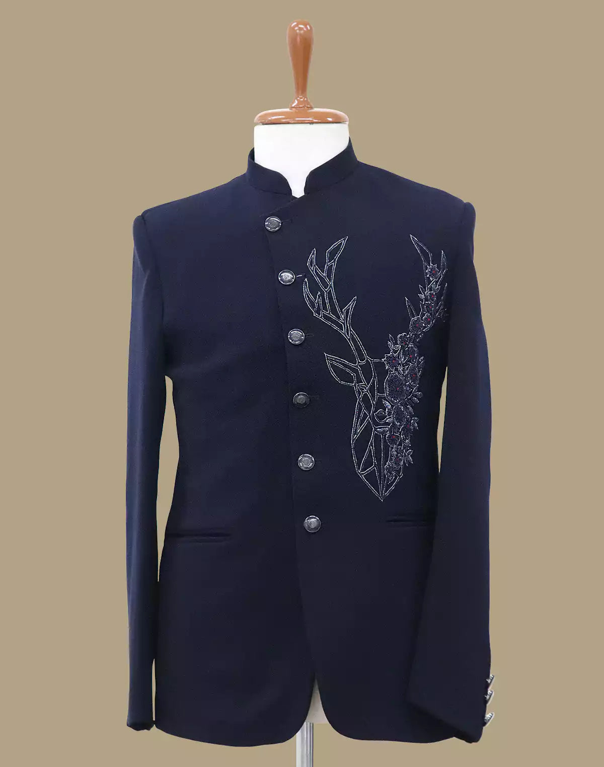Polynosic Solid Navy Blue Cutdana work Bandhgala Suit