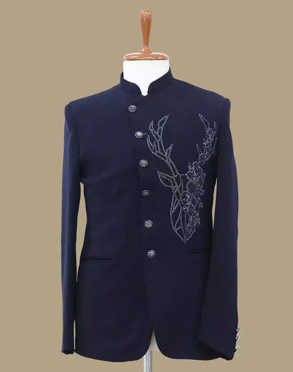 Polynosic Solid Navy Blue Cutdana work Bandhgala Suit