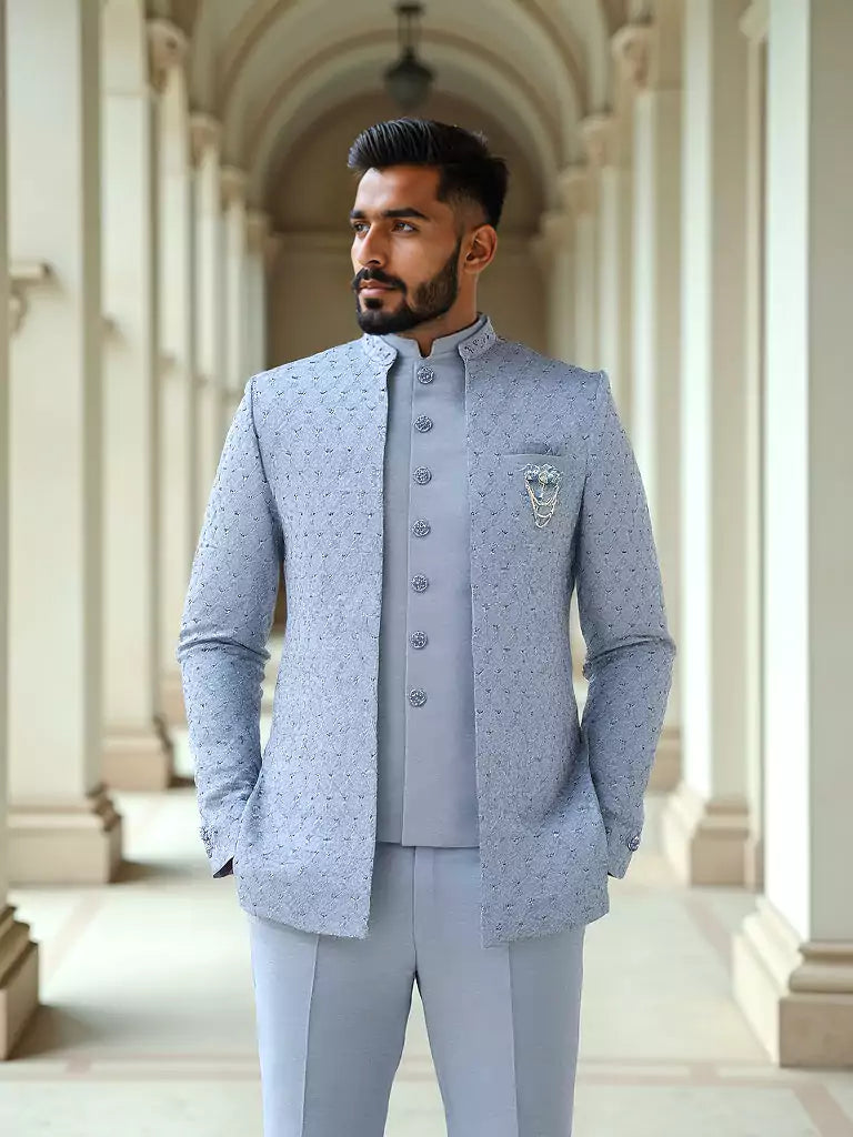 Jacquard Self Design Sky Blue Cutdana Jacket Style Bandhagala Suit
