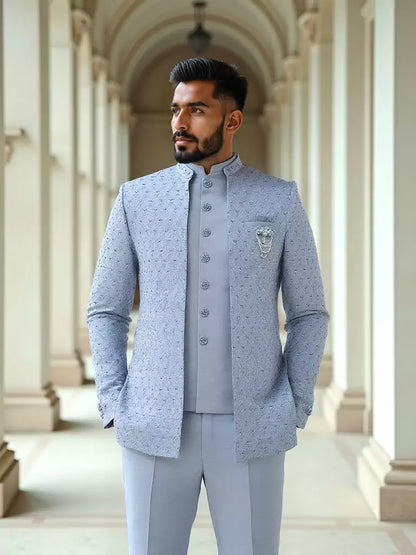 Jacquard Self Design Sky Blue Cutdana Jacket Style Bandhagala Suit