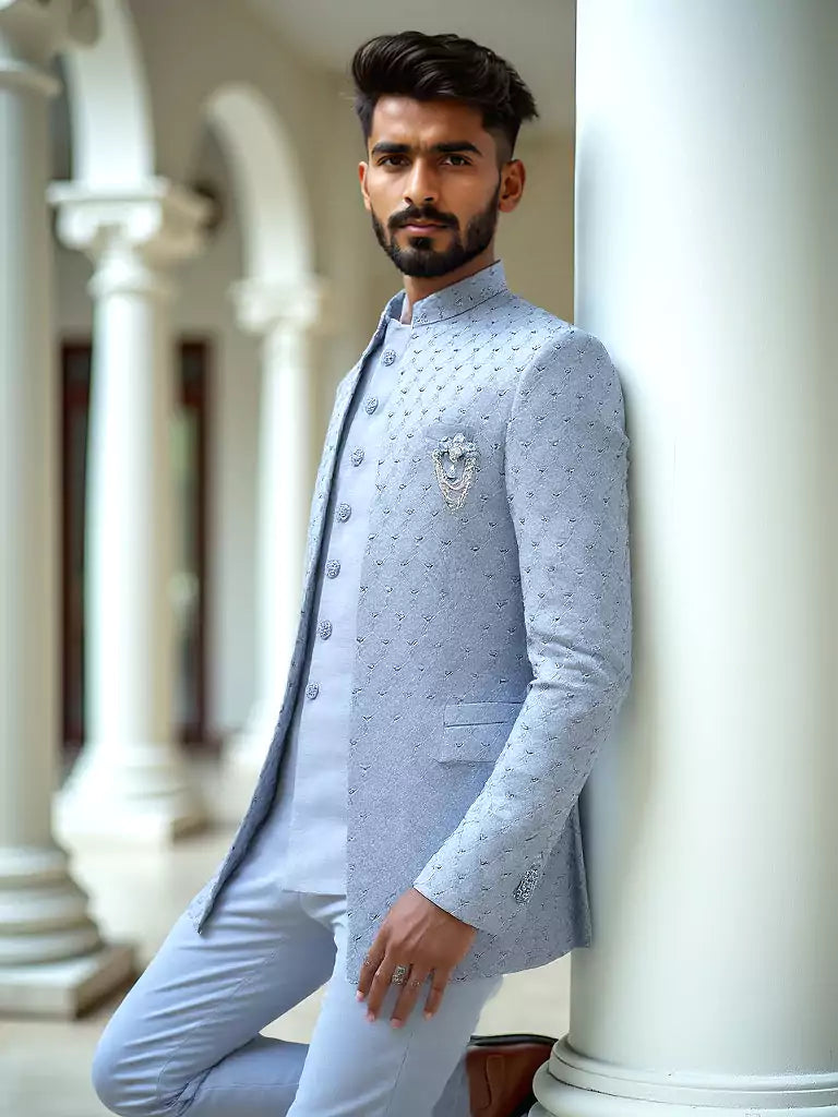 Jacquard Self Design Sky Blue Cutdana Jacket Style Bandhagala Suit