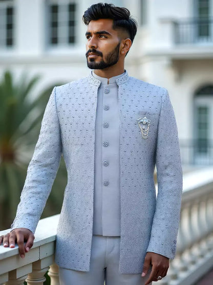 Jacquard Self Design Sky Blue Cutdana Jacket Style Bandhagala Suit