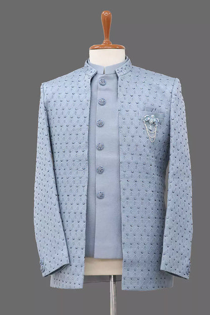 Jacquard Self Design Sky Blue Cutdana Jacket Style Bandhagala Suit