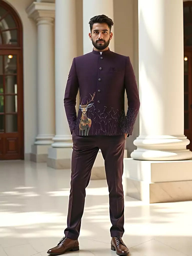 Wine Animal Printed Polynosic Bandhgala Suit