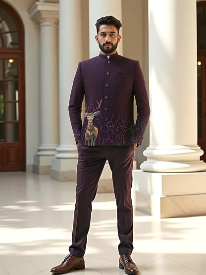 Wine Animal Printed Polynosic Bandhgala Suit