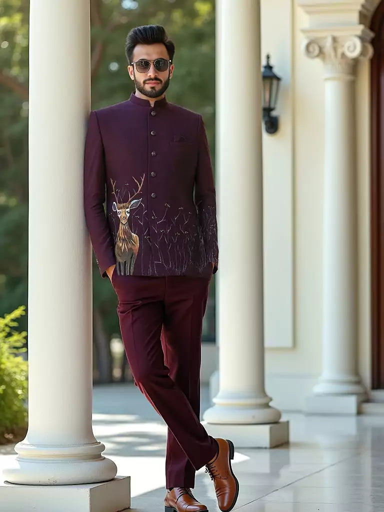 Wine Animal Printed Polynosic Bandhgala Suit