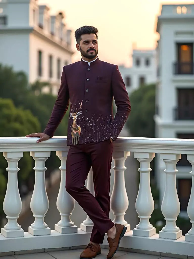 Wine Animal Printed Polynosic Bandhgala Suit