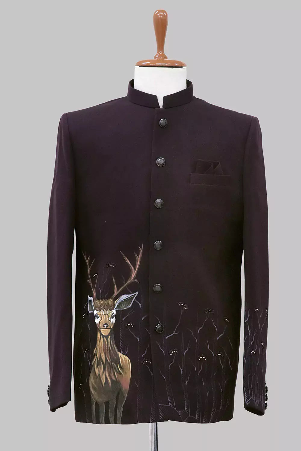 Wine Animal Printed Polynosic Bandhgala Suit