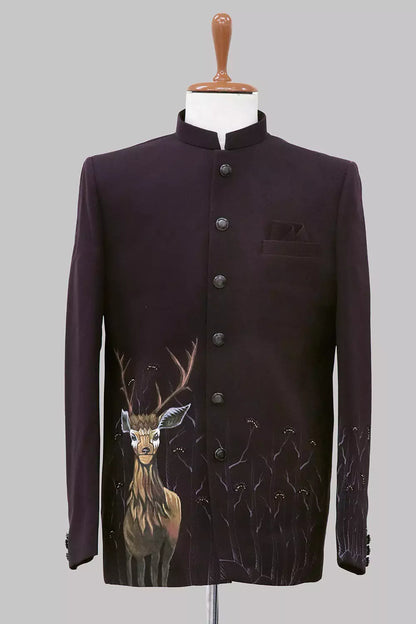 Wine Animal Printed Polynosic Bandhgala Suit