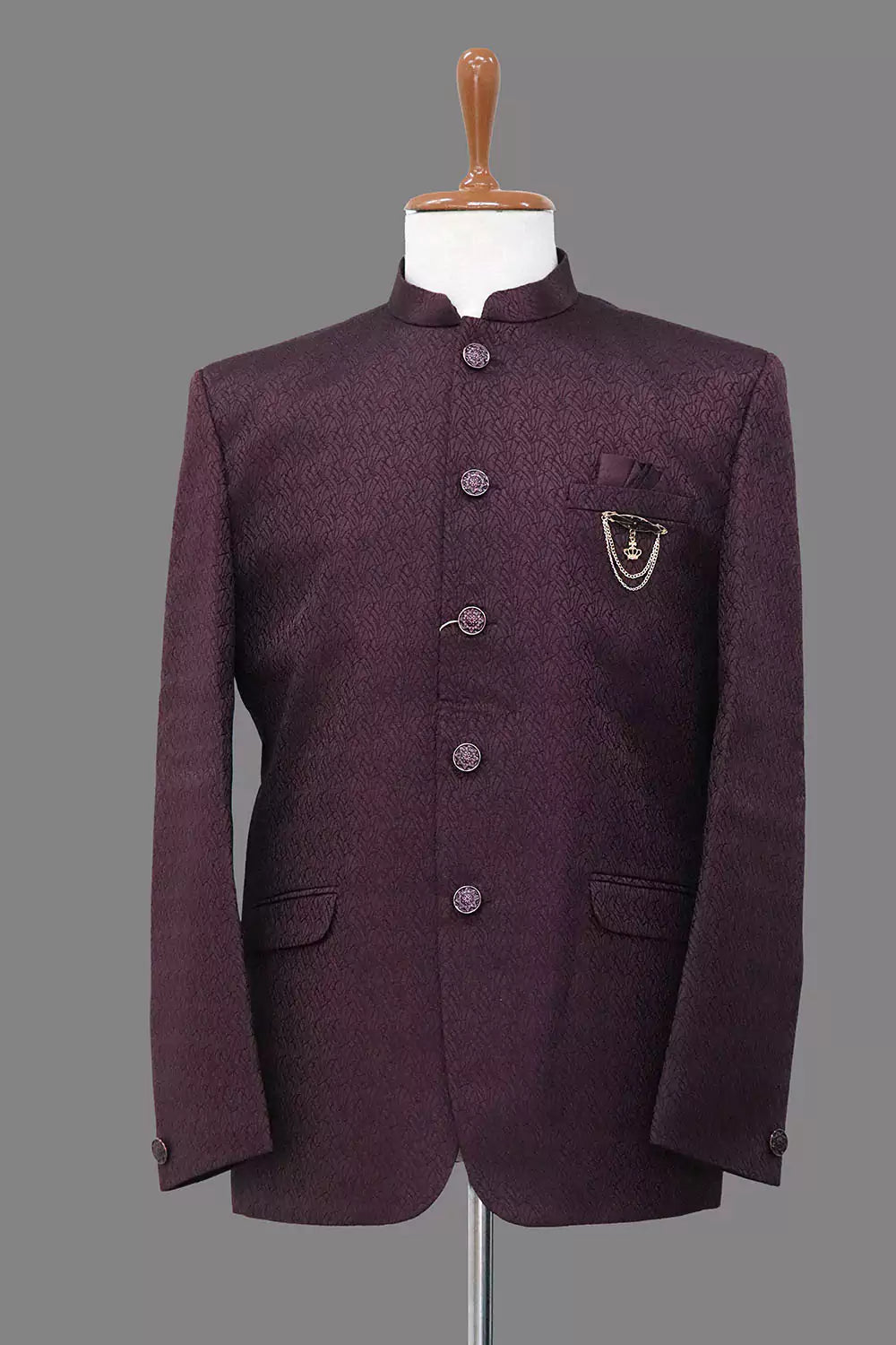 Maroon Coloured Self Weaved Jacquard Bandhgala Suit