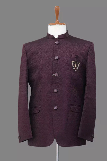 Maroon Coloured Self Weaved Jacquard Bandhgala Suit