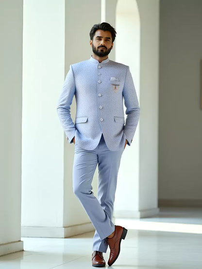 Sky Coloured Self Weaved Jacquard Bandhgala Suit