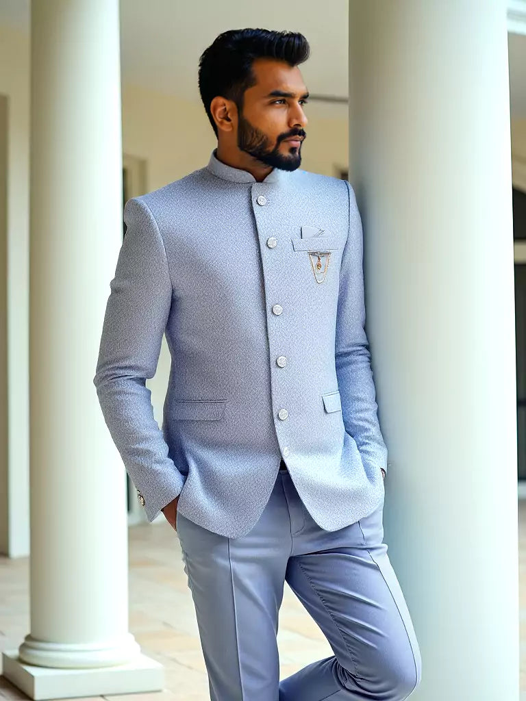 Sky Coloured Self Weaved Jacquard Bandhgala Suit