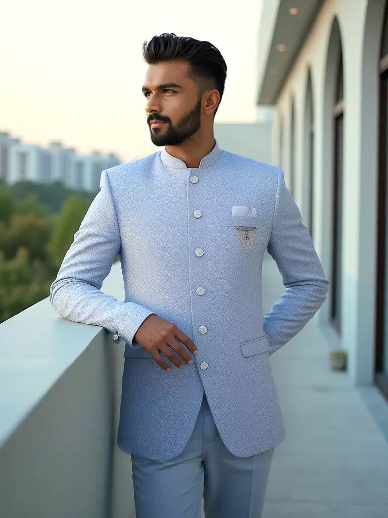 Sky Coloured Self Weaved Jacquard Bandhgala Suit