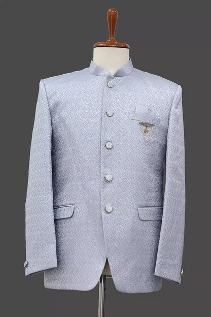 Sky Coloured Self Weaved Jacquard Bandhgala Suit