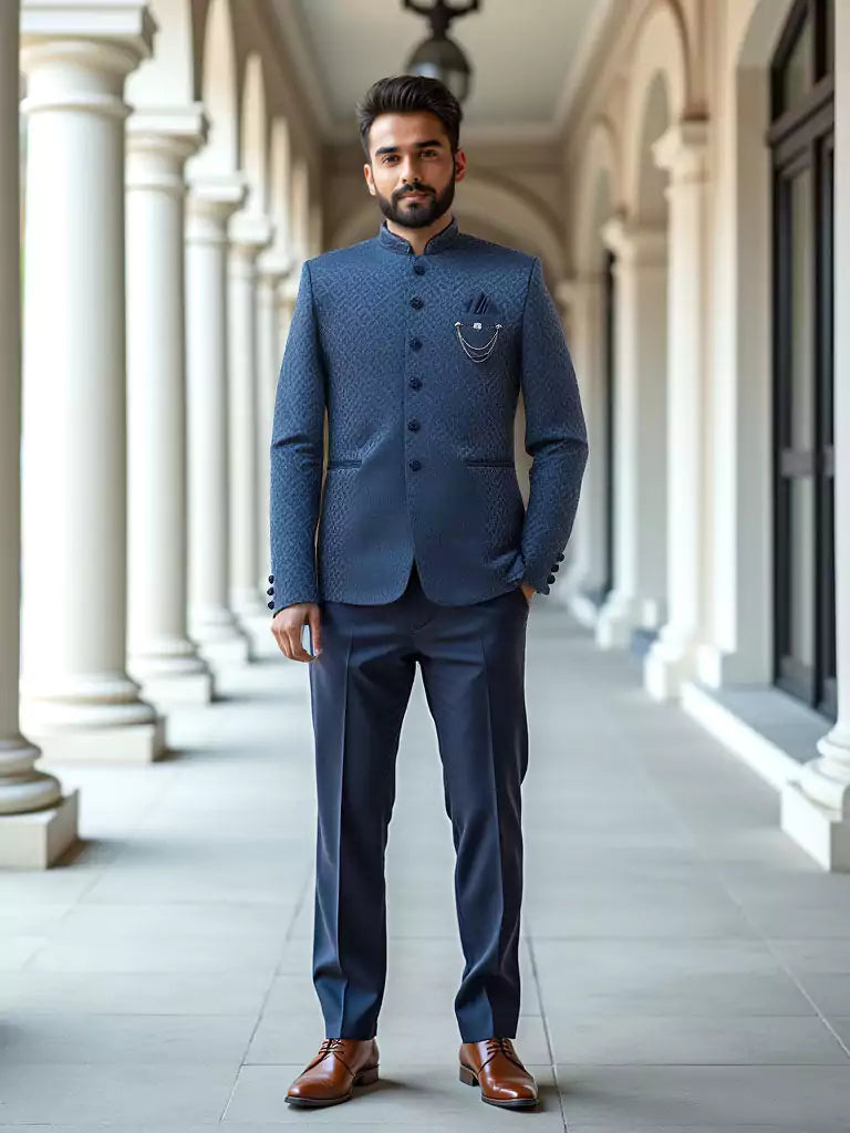 Blue Self Floral Design Jacquard Bandhgala Set