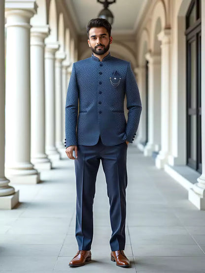 Blue Self Floral Design Jacquard Bandhgala Set