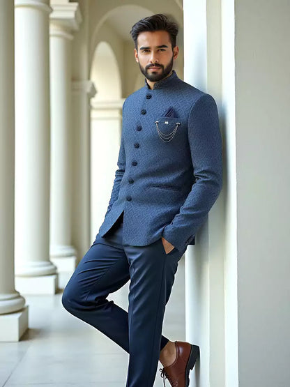 Blue Self Floral Design Jacquard Bandhgala Set
