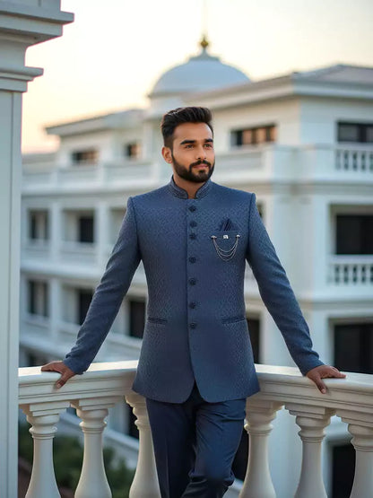 Blue Self Floral Design Jacquard Bandhgala Set
