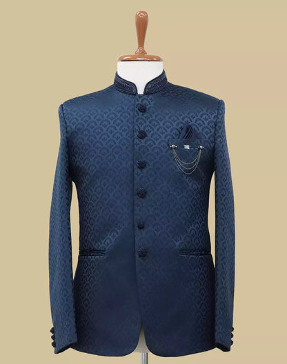 Blue Self Floral Design Jacquard Bandhgala Set