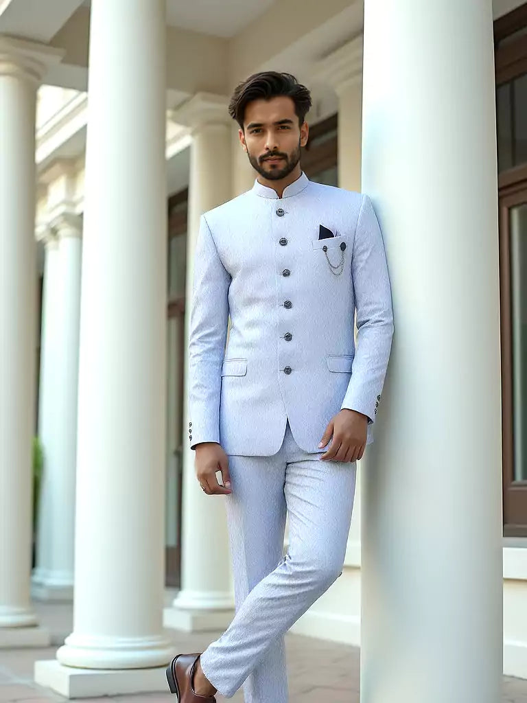 Sky Colour Self Design with Jacket Style Jacquard Jhodpuri Set